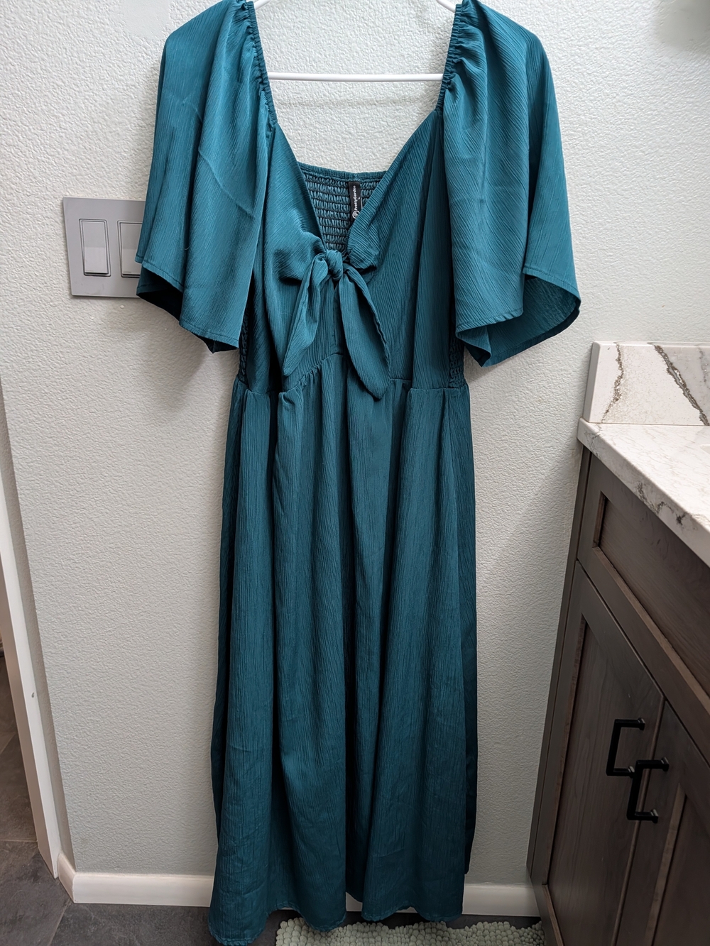 Women's Teal Maxi Dress with Front Tie and Flutter Sleeves